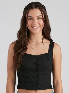 Old Navy Linen Blend Button Down Smocked Back Crop Top Black L